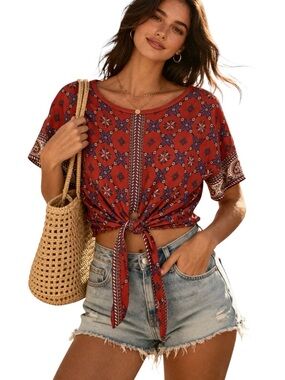 Sandro Paris Boho Tie Front Red Print Short Sleeve Top
